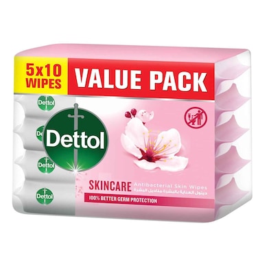 Dettol Skincare Antibacterial Skin Wipes,10 Wipes Pack of 5