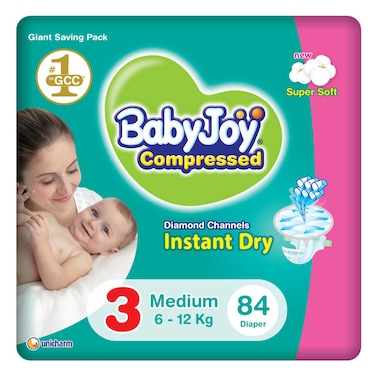 Baby Joy Compressed Diamond Diapers Medium Size 3 6-12kg Giant Pack 84 Diapers