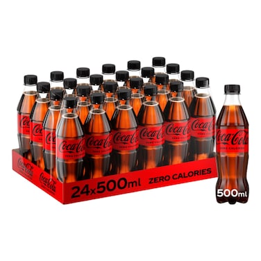 Coca-Cola Zero Sugar Carbonated Soft Drink PET Bottle, 500ml Pack of 24