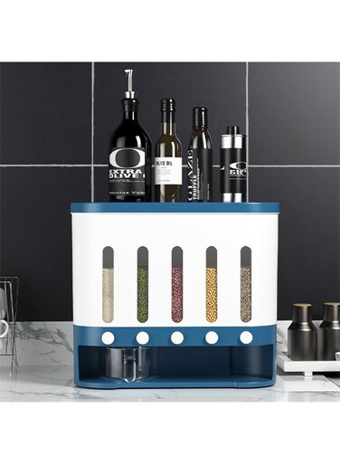 Dispenser, Dry Food Multifunctional Container with 5 Grid, One-Click Output Household Food Storage Container, Kitchen Supplies Grain Storage Organizer (Blue)
