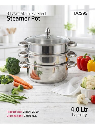 3 Layer SS induction Steamer pot with Glass Lid 24CM 4.0L