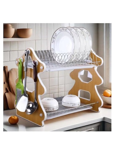 2 Layer Dish Drying Stand Dish Rack with Drain Tray Bowl Storage Rack Plate Organizer Utensil Holder Dish Driner for Kitchen Countertop (Tree)