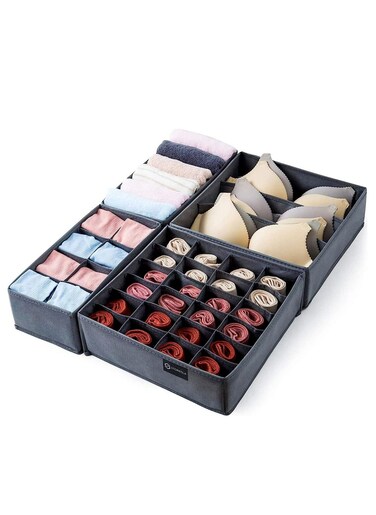 4 PCS Drawer Organizer, Wardrobe Clothes Storage Organizer Box, Underwear Bra Organiser Closet Drawer Divider for Skirts Socks Bras Panties &amp; Scarf (GREY)
