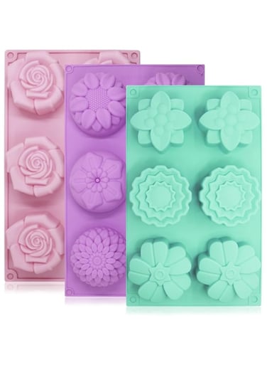 YuCool 6-Cavity Silicone Flower Shape Cake Molds, 3 Packs Fondant Shape Decorating Ice Cube Trays for Homemade Cake Chocolate Cupcake - Purple Green Pink
