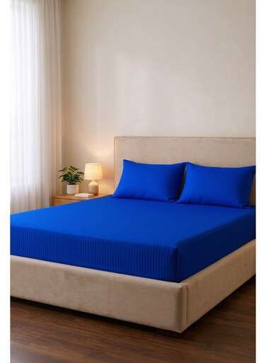 Cotton 3-Piece Microfiber King Fitted Sheet Set &acirc;&euro;&ldquo; Royal Blue Striped 180 x 200 cm with Full Elastic &amp; 2 Pillowcases