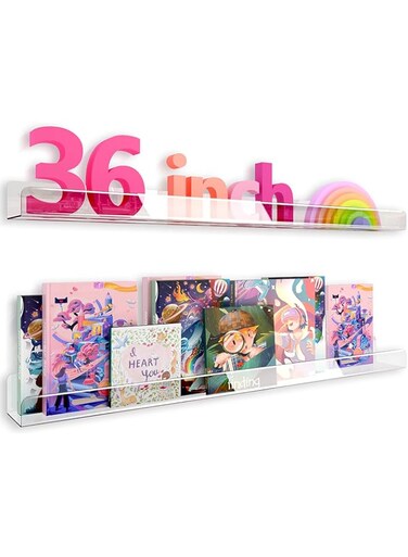 RORKIM 36 Inch 50% Thicker Clear Acrylic Book Shelves, Invisible Kids Wall Bookshelves for Baby Storage Book Rack, Toy Organizer, Book Display, Playroom, Bedroom, Toddler Room, Nursery 2 Packs