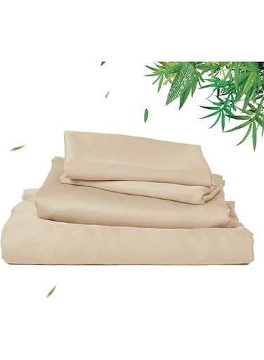 Home 4 Piece 100% Rayon Derived from Bamboo Cooling Queen Size Bedding Sheet Set, Luxury Silky Soft Breathable for Hot Sleeper, Includes 1 Fitted Sheet (150cm x 200cm) with 40 cm deep pocket,1 Flat Sheet (230cm x 260cm) and 2 Standard Pillowcases (50cm x 75cm), Khaki