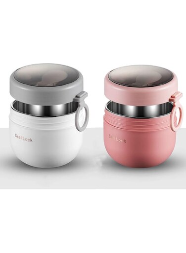 NALACAL 2PCS Stainless Steel Overnight Oats Jars, 21oz Overnight Oats Container with Lid and Spoon for Cereal, Milk, Vegetable and fruit Salad Storage Container, Insulated Food Jars (Powder White)