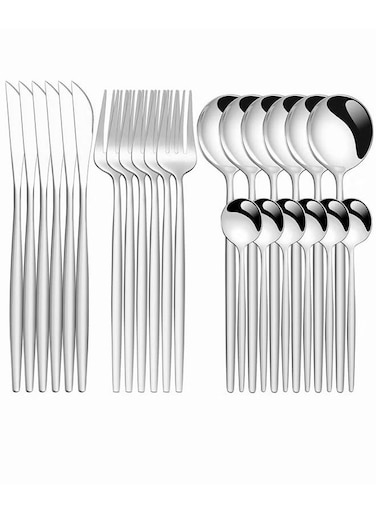 24 PCS Flatware Set with Knives Spoons and Forks, 410 Stainless Steel Flatware Set, Silverware Cutlery Set, Utensils Set Basics Tableware,Mirror Finish, Dishwasher Safe