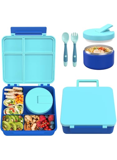 Pawtong Bento Lunch Box with 8oz Soup Thermo, Kids Leakproof Lunch Food Containers with 4 Compartment, Kids Thermo Insulated Hot Food Jar for School, Trvael（Blue