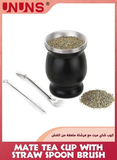 Mate Tea Cup Set,Includes Bombilla Straw Spoon And Cleaning Brush,Stainless Steel Double Walled Mate Cup and Bombilla Set,Easy Wash Yerba Mate Container For Yerba Mate Loose Leaf Drinking