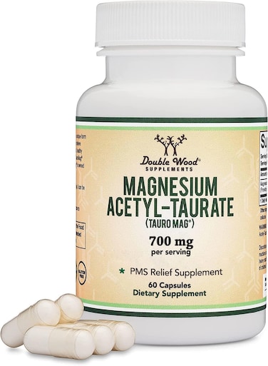 Double Wood Supplements Pms Relief Magnesium (Magnesium Acetyl-Taurate (Tauromag)) Novel And Patented Form Of For Swing Cramp (60 Capsules, 350Mg)