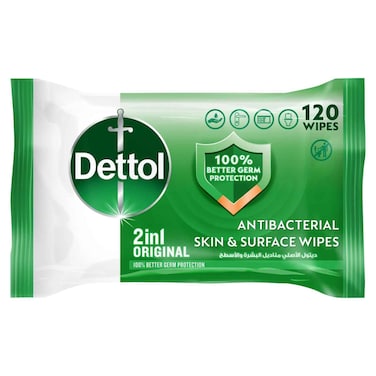 Dettol Original 2 in 1 Antibacterial Skin and Surface Wipes, 120 Wipes