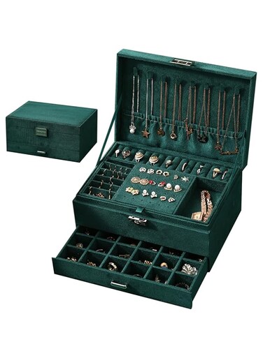 Beauenty Chinese Style Jewelry Box,Three Layers Bracelets Necklace Rings Organizers,Jewelry Display Case with Drawer and Lid