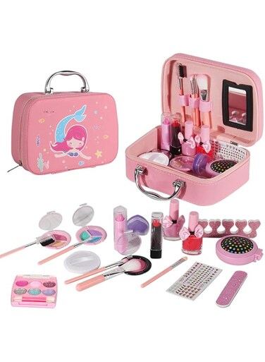 Eacam Girls Makeup Kit Real Kids Make Up Set Cosmetics Play Set Washable Safe with Carry Case for Little Girls Party Game Chrismas Birthday Gift, 20pcs/set