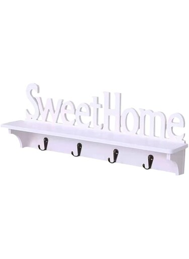 LINGWEI White Sweet Home Key Hooks Holder with Shelf(4-Hook Rack) Wooden Hanging Coat Key Holder Floating Shelves Home Office Wall Decoration.