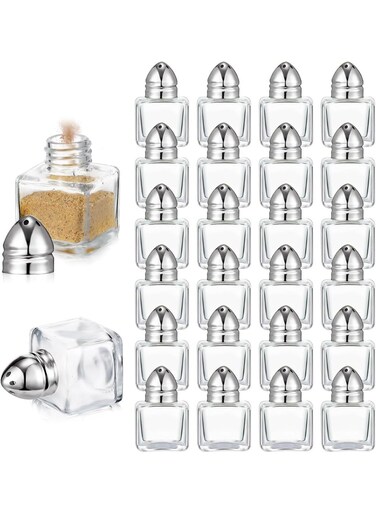 Castor Salt and Pepper Shakers 24 packs Pocket Condiment Bottle Individual Seasonings Shakers Salt Container Holder Seasoning Holders Glass Pepper Jar Spice Jars Silver lids