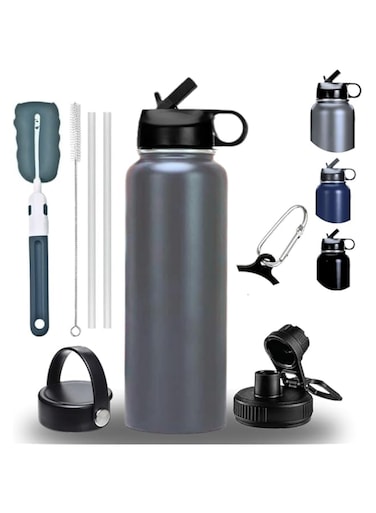 Triple Wall Vacuum Stainless Steel Water Bottle 32oz with Straw-Brush-3 Lid-Handle,Insulated water Bottle Sports jym, Travel, Training Yoga Office School kids1L Cold24H Hot12H water bottle 950ml-GRAY