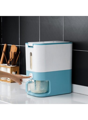 Rice Dispenser with Measuring Cup, Push Button Design, Sealed Moisture Proof, Rice Storage Container for Kitchen/Pantry Organizer, Blue