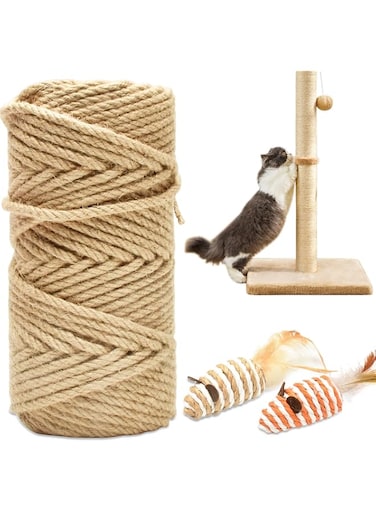 HezzLuv 164FT/50M Cat Scratching Sisal Rope, 6mm Thick Natural Jute Rope for Scratch Posts, Cat Trees, DIY Projects, Sisal Rope for Cat Scratcher with 2 Cat Mouse Toys (Natural, 164ft)