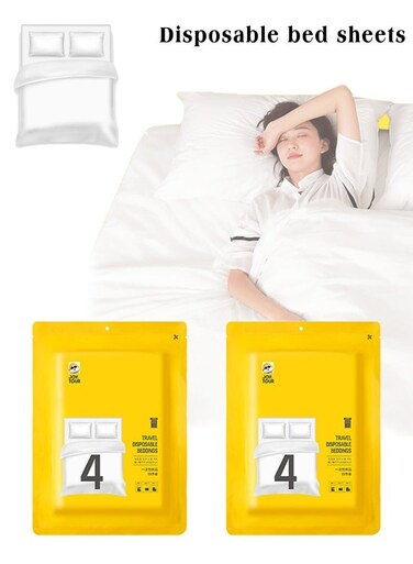 TOUR 2Pcs Disposable Bed Sheets for Travel, Portable Disposable Bedding Set with Bed Sheet*1/Quilt Cover*1/Pillowcases*2 Disposable Bed Sheets Size for Travel Business