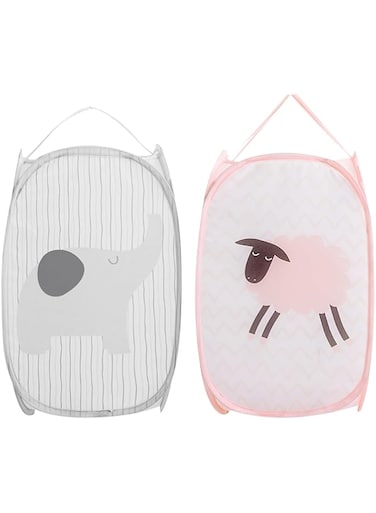 2 Pieces Folding Laundry Baskets, Pop-Up Mesh Laundry Basket Foldable Laundry Basket with Handle 30 x 30 x 50 cm (Pink and Grey)