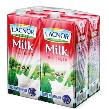 لاكنور حليب كامل الدسم معقم بدرجة حرارة عالية سعة 1 لتر حزمة من 4