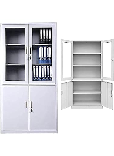 Four Door Steel Cabinet With Glass, File Cabinet Grey 40x90x185cm