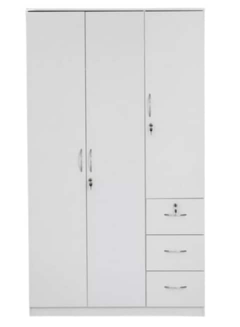 3 Door Wardrobe for Bedroom with 3 Drawers and 3 Shelves   Cupboard for Home   Bedroom Wardrobes   Engineered Wood Cupboard White, Space Saver LXWXH in 120X50X190 cm)