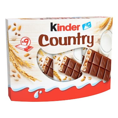 Kinder Country Milk Chocolate Bars With Milky Filling and Cereals, Multi Pack, 9 Individually Wrapped Bars, 211.5g