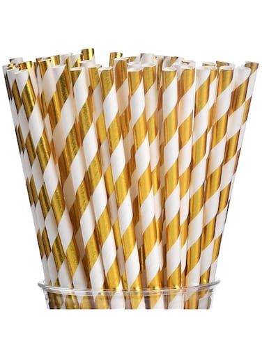 Paporich Gold and White Stripes Paper Straws,Paper Straws for Drinking,Cute Disposable Straws,Biodegradable Disposable Drinking Straws for Christmas,New Year,Party Decoration Supplies(Pack of 100)