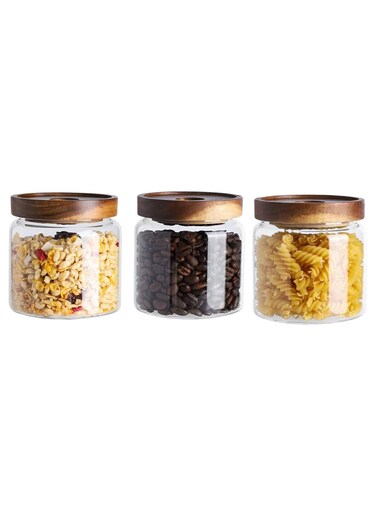 Airtight Glass Storage Jar with Acacia Wood Air-tight Lid,3 Pack Borosilicate Glass Kitchen Canisters，Glass Canister for Kitchen, Pantry Organization, Ideal for Coffee, Nuts, Cookie (500ml)