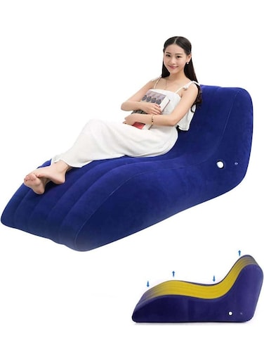 Sofa Air Chair Inflatable Lounge Couch Bed, Flocked Bean Bag Style with Back Support, Portable and Lightweight for Travel, Camping, Hiking, Indoor &amp; Outdoor Relaxation, Blue