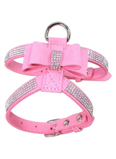 Dog Harness with Rhinestone and Bow Crystal Leather Dog Harness for Small Medium Girl Dogs Puppy Cats Kitten (Pink, S)