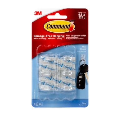 Command 17006CLR-ES Hooks with Strips, Mini, Holds 225 gr. each hook, Clear color. 6 hooks and 8 strips/pack