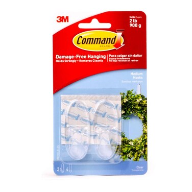 Command 17091CLR-ES Hooks with Strips, Medium, Holds 900 gr. each hook, clear Color. 2 hooks and 4 strips/pack