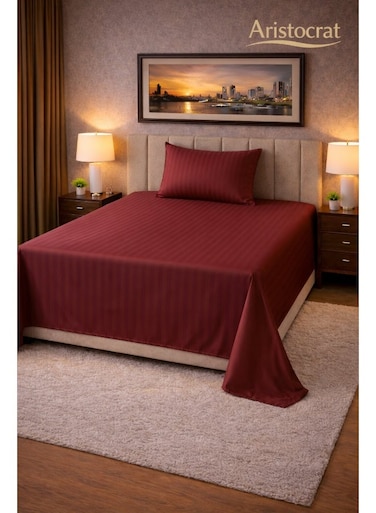 2&acirc;&euro;&lsquo;Piece Striped Microfiber Flat Bed Sheet Set Single 160x220cm &acirc;&euro;&ldquo; Soft Breathable Flat Sheet with 1 Pillowcase 50x70cm, Maroon Microfiber Maroon 160x220cm
