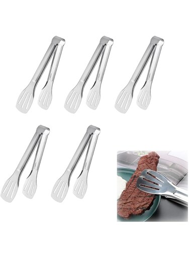 Duomama Stainless Steel Buffet Tongs (7 Inch) - Set of 5 Small Kitchen Tongs for Serving Food - Durable and Versatile Stainless Steel Serving Tong Set - Ideal for Buffets, Parties, and Everyday Use