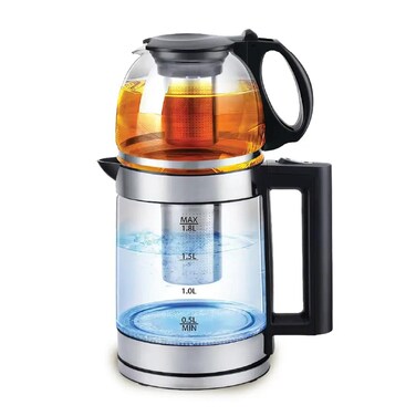 1500W Double Glass Electric Tea Maker with Filter, 2L Kettle + 1L Teapot, Auto Shut-Off, LED Light