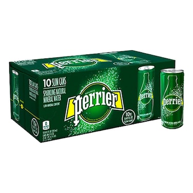 Perrier Sparkling Natural Mineral Water Slim Can, 250ml Pack of 10