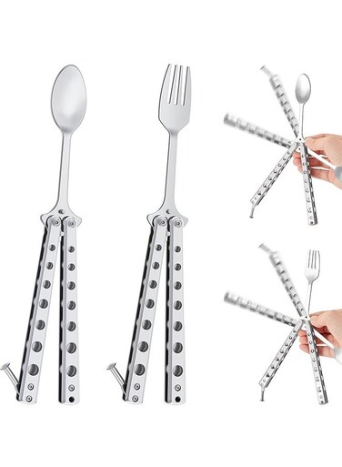 Butterfly Fork and Spoon Set, Tactical Folding Stainless Steel Butterfly Fork for Travel Camping Hunting BBQ Kitchen (Silver)