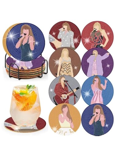 8Pcs Diamond Painting Coasters Kits, Coasters for Drinks, Coasters for Coffee Table, Pop Diamond Art Coaster Kits with Holder, Pop Star Diamond Painting Coasters, Color Cup Coasters, Art Craft Supplie