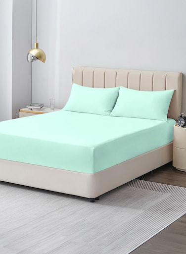 Linen Double Plain Fitted Elastic Bedsheet with 2 Pillow Case 160 x 200 Cm Mint Green