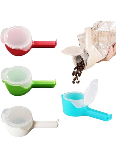 KUKUMAJI 4pcs Bag Clips, Food Chip Snack Bag Sealing Clips，Plastic Cap Food Clips，Food Bag Clips with Pour Spouts，Great for Organizing and Storing Food (4 Colors, one size)