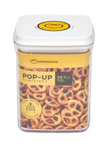 Airtight 1.5&acirc;&euro;&macr;L Square Food Storage Container with Pop-Up Lid &acirc;&euro;&ldquo; L 12.3 x B 12.3 x H 16.8&acirc;&euro;&macr;cm, Clear BPA-Free Kitchen &amp; Pantry Organizer, Stackable Snack &amp; Dry Goods Keeper