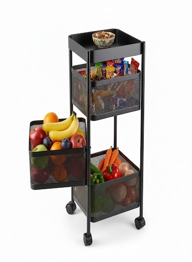 3 Tier Kitchen Storage Trolley with Wheels &acirc;&euro;&ldquo; Rectangular Steel Basket Rack &acirc;&euro;&ldquo; Rotating Organizer for Fruits &amp; Vegetables &acirc;&euro;&ldquo; Home Storage and Organizers Shelf for Kitchen (Black)