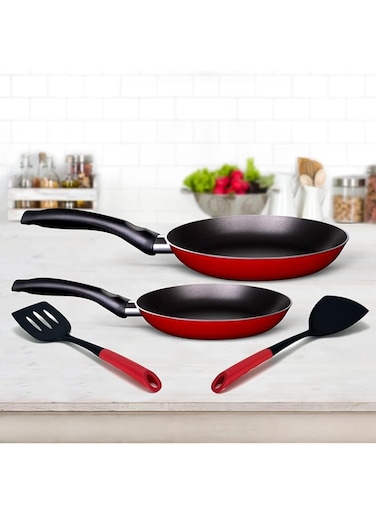 Rossetti Rosso 4 Piece Made in Italy Quality 22+28cm Non-Stick Frying Pan Set + 2 Nylon Turners Dishwasher Safe PFOA-free Metallic Red Cookware Set Frypan