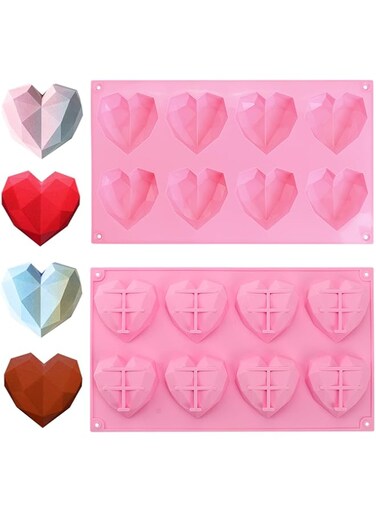 LFBEST Love Heart Silicone Mold 8 Cavity 3D Diamond Heart Mould, Chocolate Silicone Dessert Moulds for Wax Melts Ice Cube Soap Cake Dessert DIY Tools