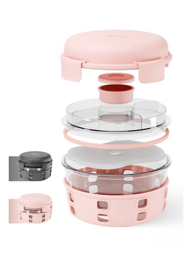 Lunch Box, Food Container with Ice Pack, Sauce Cup, 3 Compartment Tray, Borosilicate BPA Free Glass Salad Bowl with Silicone Protection, Freezer, Dishwasher, Microwave Safe, 950ml(Blush Pink)