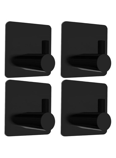 Biomoty Black Adhesive Hooks, 4 Pack Wall Hooks Heavy Duty, Waterproof Sticky Hook for Hanging Towel, Key, Coat, Hat, Robe, Clothes, Towel Hook for Bathroom Kitchen Wall Mounted (Black)